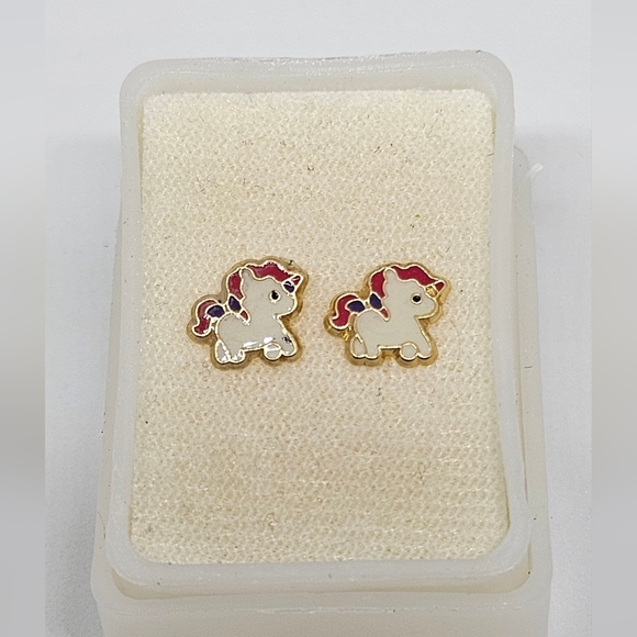 10k Real Gold Unicorn Stud Earrings, Tiny Little Girls Studs, Animal Earrings, - Picture 5 of 7